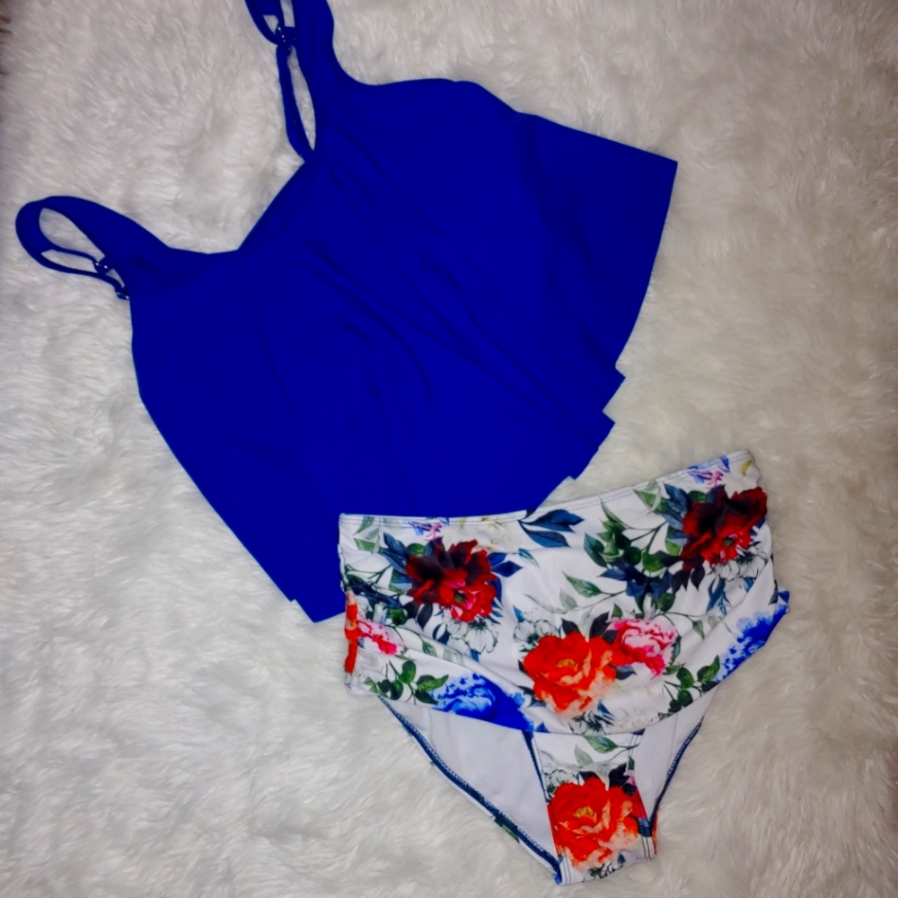 Floral swing top tank bikini high waist medium 2 Piece swim suit blue Strappy